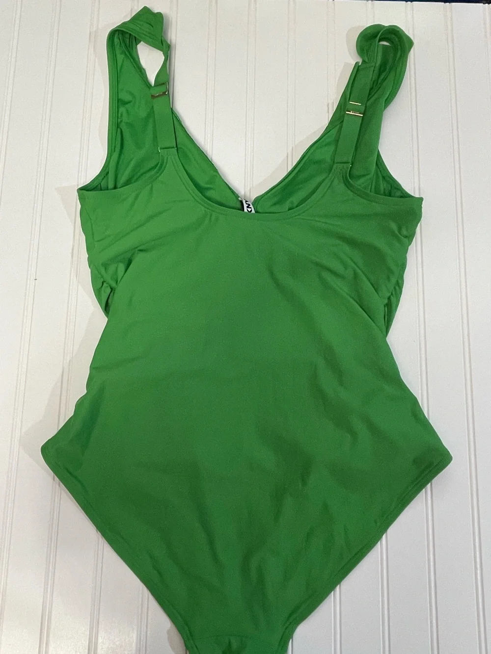 DKNY Ruffle Plunge Underwire Tummy Control One-Piece Swimsuit Grass Green XL - Picture 4 of 10